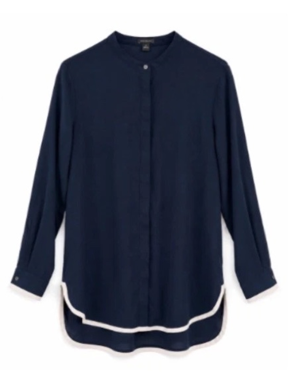 Ann Taylor Blouse Women Large Navy Blue Off White Long Sleeve Tunic High Low Hem
